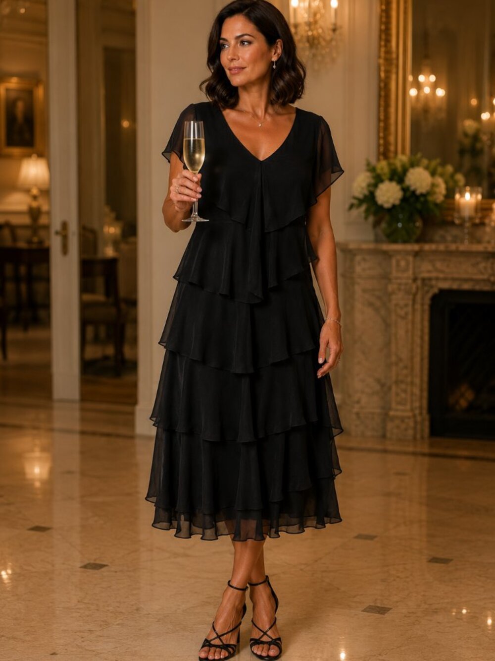 USA made Multi Tiered Chiffon Cocktail Dress, Black, Size 14 P